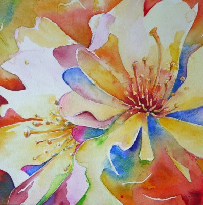 Aquarellbild einer abstrahierten Rose in Rot, Blau- und Rosatönen